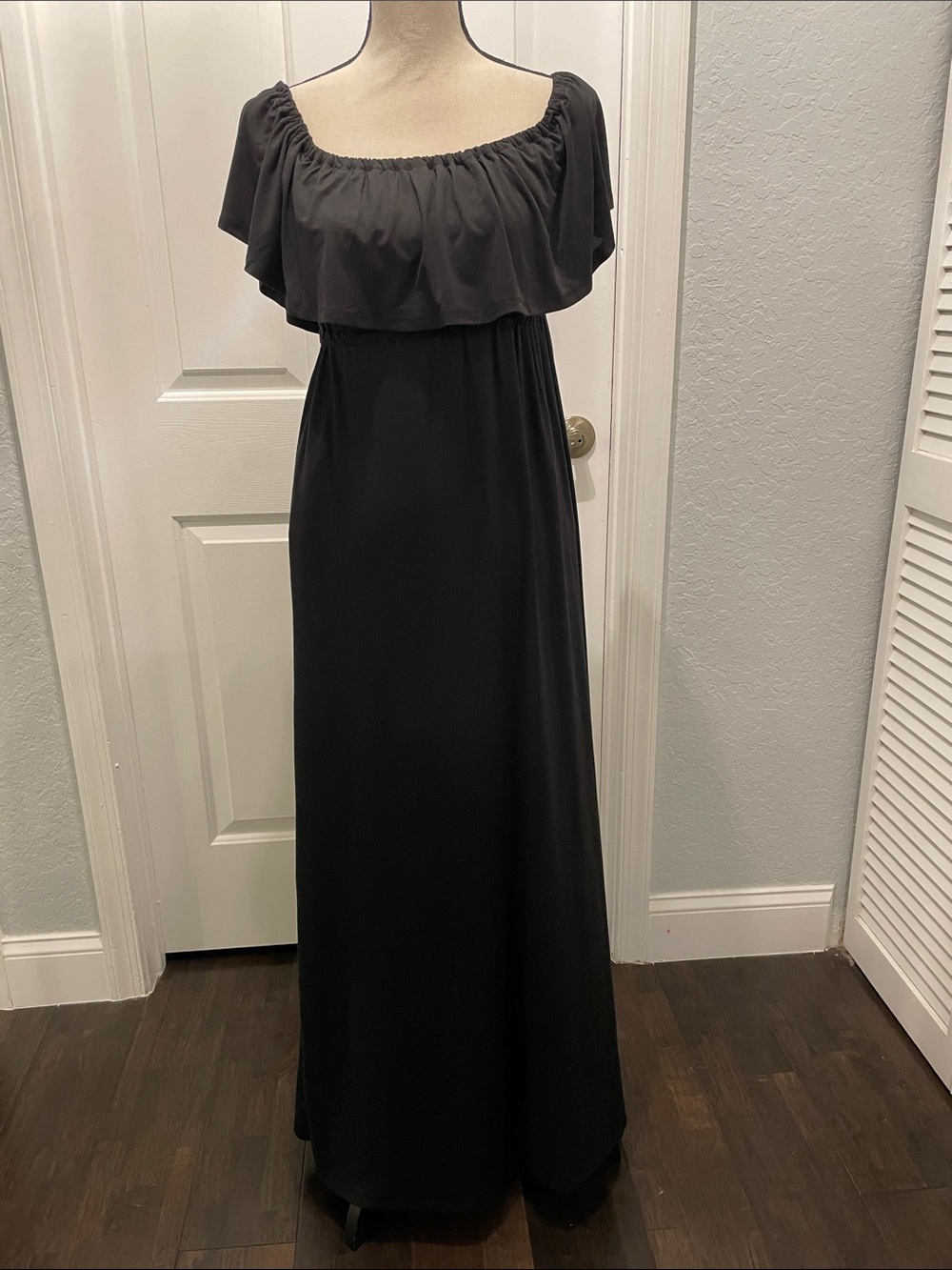 Off-Shoulder Black Maxi Dress with Flounced Yoke